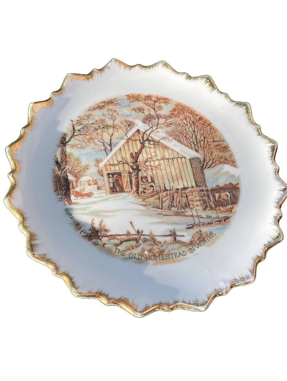 Arrow Currier & Ives "Old Homestead in Winter" Ceramic Decorative Plate Gold